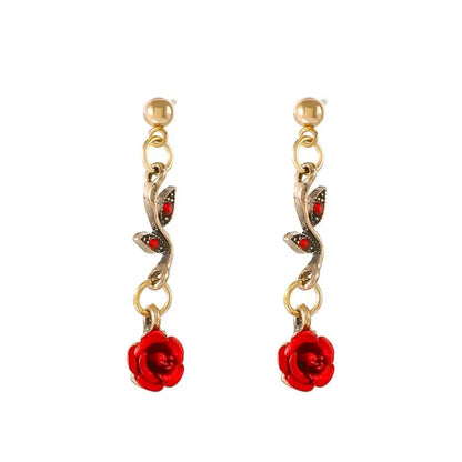 Vintage French Red Rose Flower Necklace Bracelet Set for Women Fashion Romantic Clavicle Chain Necklace Engagement Jewelry Gifts
