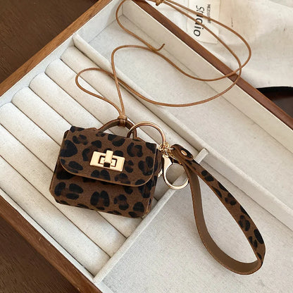 Retro Cute Small Leopard Print Leather Bag Pendant Necklaces for Women Sweater Long Rope Chain Neck Hanging Jewelry Accessory C