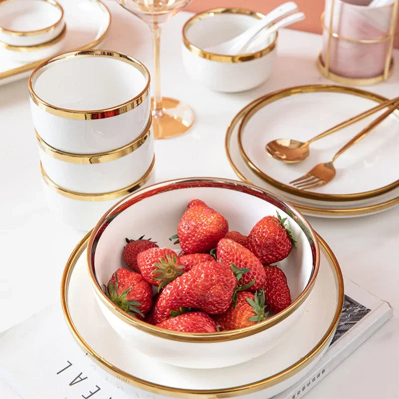 Ceramic Plates Bowls Gilt Rim White Porcelain Dinner Tray Kitchen Plates Ceramic Tableware Food Dishes Rice Salad Noodles Bowl