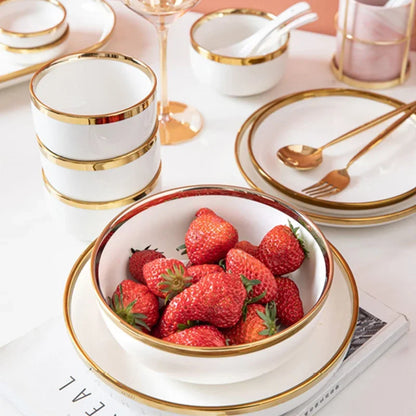 Ceramic Plates Bowls Gilt Rim White Porcelain Dinner Tray Kitchen Plates Ceramic Tableware Food Dishes Rice Salad Noodles Bowl