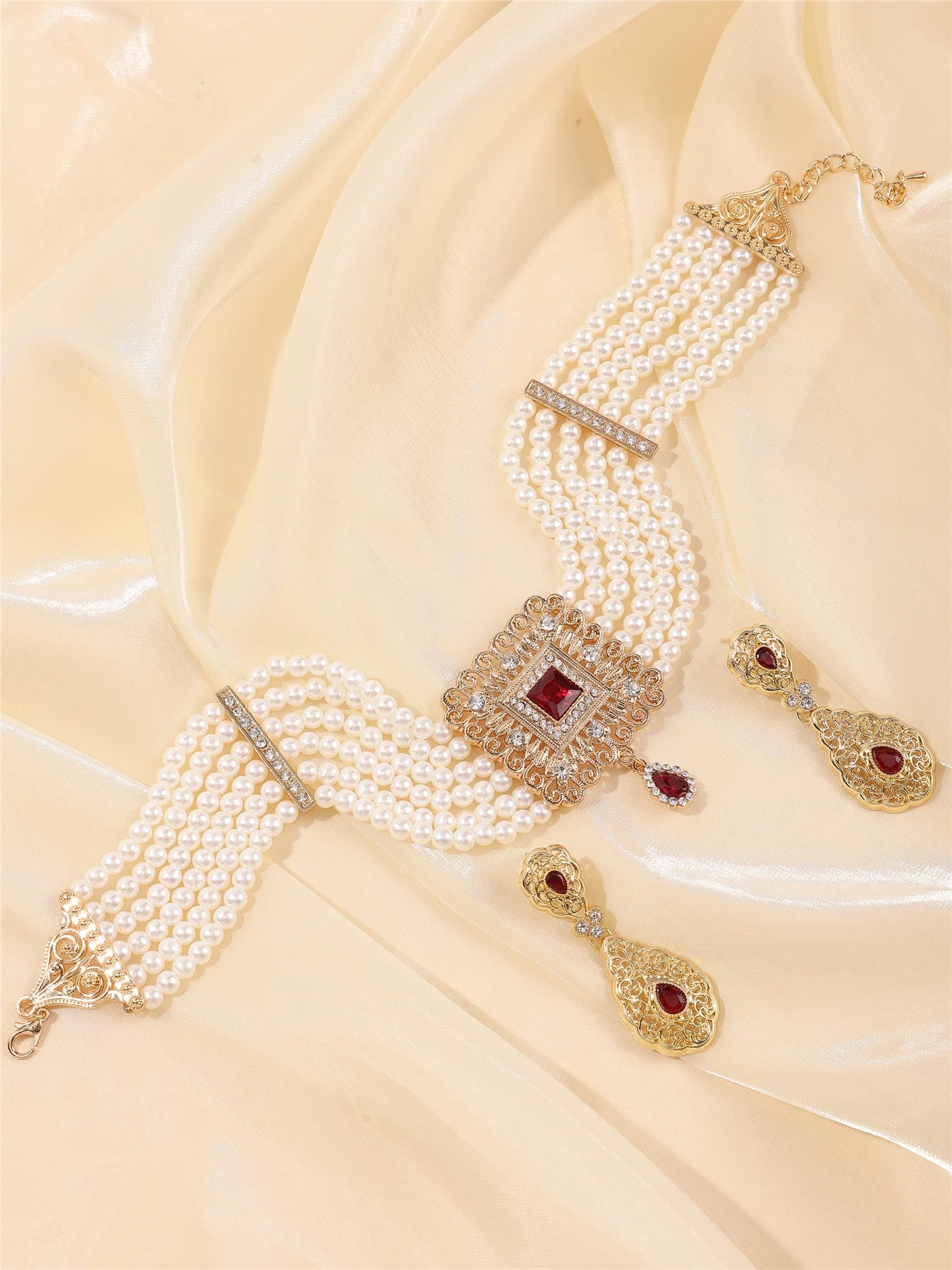 Moroccan Women's Pearl Jewelry Set Luxurious Vintage Style Necklace Earrings, Bridal Wedding Party Accessories