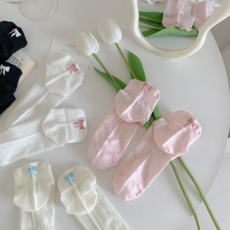 New Design Heel Bow Women Short Socks Lolita Kawaii Summer Thin Breathable Hollow Out Low Tube Sock Ins Trend White Cotton Socks