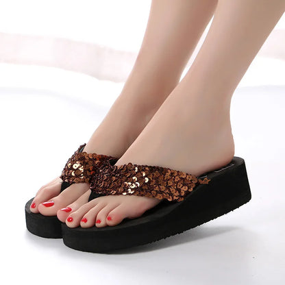 Women Summer Sandals Sequins Beach Female Flip Flops Ladies Slippers High Heels Shoes For Women 2024 Platform Wedges Slippers