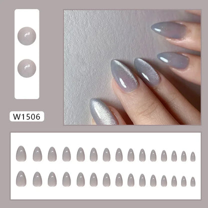 Fresh Green Tea 24 Pcs Fake Nail with Jelly sticker Press on False Nails Wearable Round Head Oval Full Cover Nail Tips