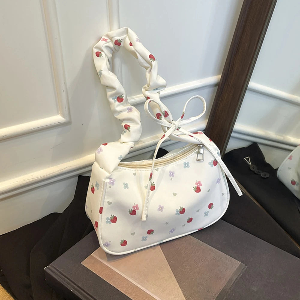 Women Small Underarm Bag Y2K Sweet Printed Zipper Tote Pleated Strap Handbag Half Moon Design Versatile Ladies Shoulder Bags