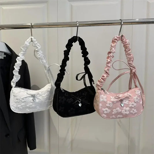 Chic Crescent Bag for Women with Bow Floral Print Pleated Design Trendy Crossbody Bag Sweet Girl's Luxurious Commuter Handbag