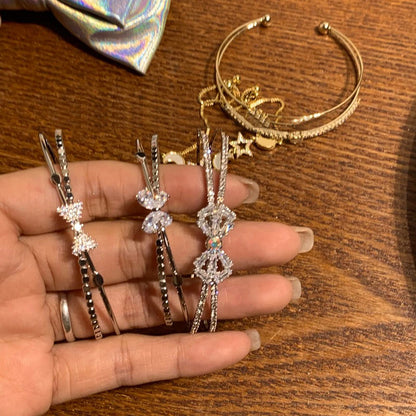 New Fashion Luxury Sweet Bow Zircon Silver Color Copper Open Bracelets for Women Shiny Full of Rhinestone Jewelry Party Gift