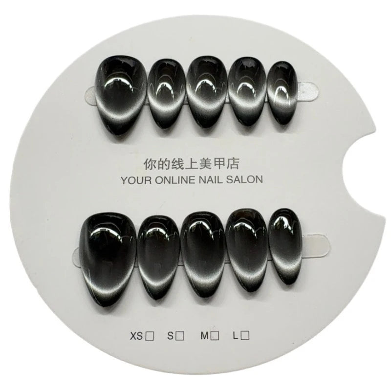 10pcs Black Full Cover Nail Tips Almond Handmade False Nails Art Wearable Solid Color Cat's Eye Press on Nail for Women&Girls