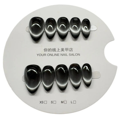10pcs Black Full Cover Nail Tips Almond Handmade False Nails Art Wearable Solid Color Cat's Eye Press on Nail for Women&Girls