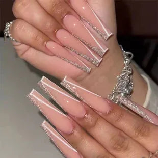 24Pcs Press on Fake Nails Short Medium French Acrylic Full Cover False Nail With Glue Kit Mini File Manicure for Women and Girls