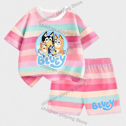 Blueyi Series Child Stripes Sets Summer Girls Boys T-Shirt Shorts Suits Cartoon Bingo Casual Sport Clothes Kids Sleepwear Gifts