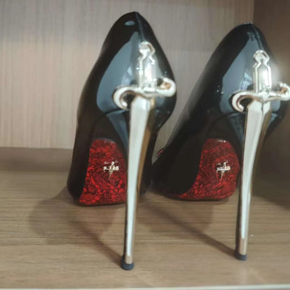Metallic Dagger High Heel Pointed Toe Women's Shoes Ultra-Finch Skin Printed Red Bottom Comfortable Wear Ultra High Heels