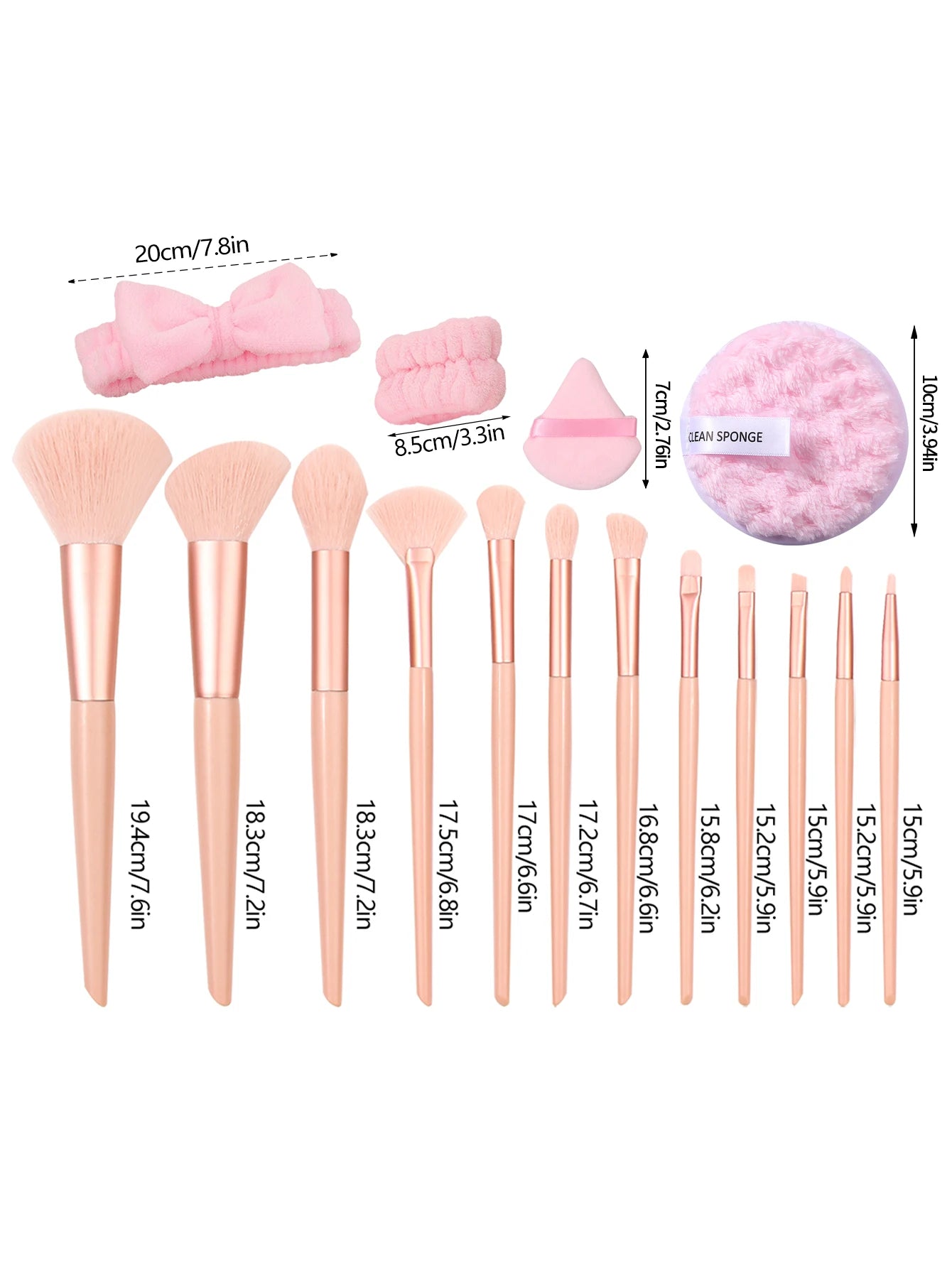 1pcs/18pcs Makeup Tool Set: 12 Pink Makeup Brushes, Triangular Powder Puffs, Wristbands, Hairbands, Facial Cleansing Puffs