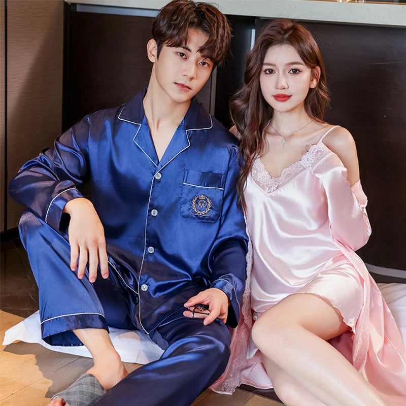 Couple Pajamas Set Women Silk Sexy Nightdress Nightgown Two-Pieces Summer Men's Long-Sleeved Long Pant Home Wear Bridesmaid Robe