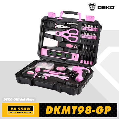 DEKO DKMT98-GP Pink 98 Piece Tool Set General Household Hand Tool & for Woodworking Kit with Plastic Toolbox Storage Case