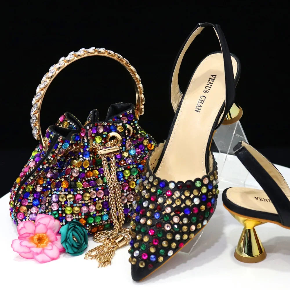 Venus Chan Pointed Toe Heels for Women 2023 Elegant Party Wine Color Full Diamond Pumps Italian Shoes and Bags Matching Set