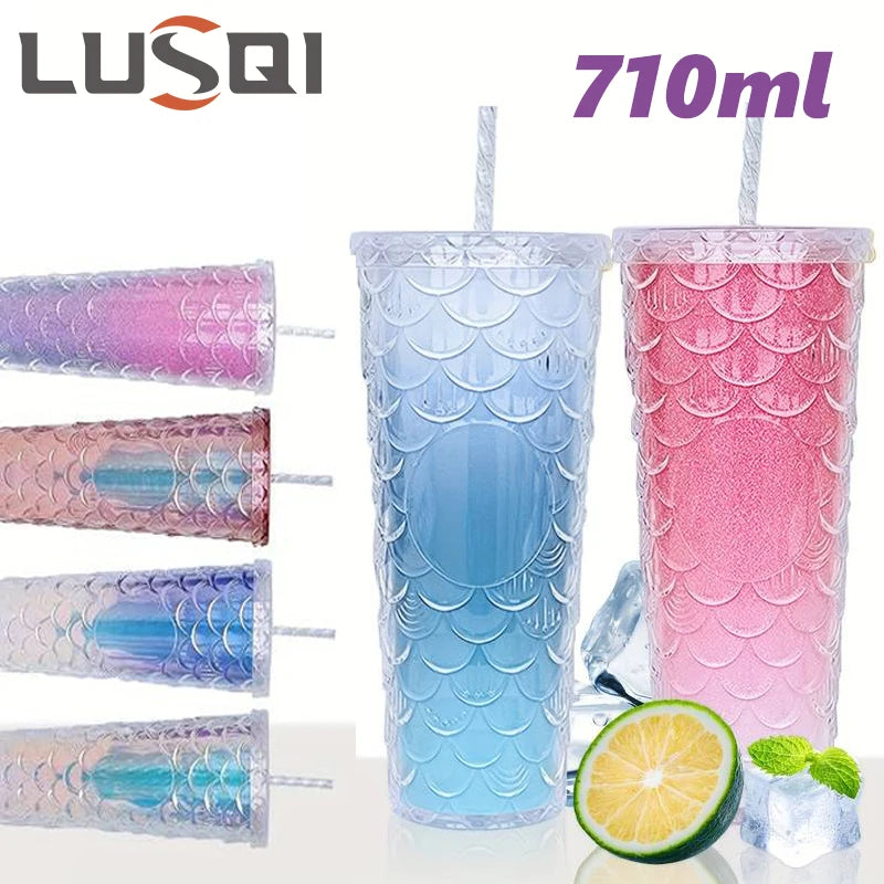 LUSQI 710ml Water Bottles With Straw Large Capacity Reusable - Creative Fish Scale Devise Plastic Drinking Cup