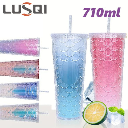 LUSQI 710ml Water Bottles With Straw Large Capacity Reusable - Creative Fish Scale Devise Plastic Drinking Cup