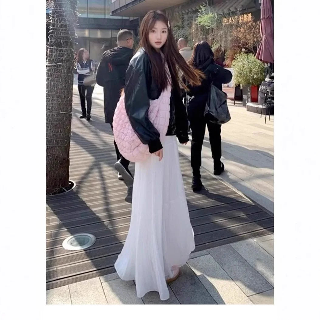 Sweet Purple Pleated High Waist A- Line Long Skirt Women's Fashion Spring Summer New Style Slimming Hip Covering Half-length S..