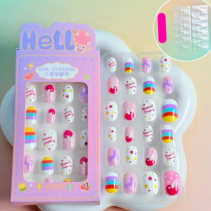 24PC/Box Children's Press On Nails With Jelly Glue Girl's Colorful Cartoon Full Cover Bear Bunny Cat Pattern Fake Nail FalseNail
