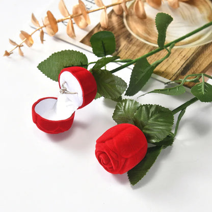 Flocked Artificial Rose Flower Ring Box Red Velvet Jewelry Box Earring Display Holder Wedding Valentine's Day Gift Storage Case
