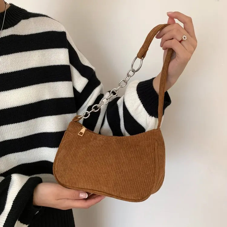 Solid Color Simple Corduroy Bag Women's Spring/Summer New Western Style Shoulder Small Square Bag Popular Fashion Underarm Bag