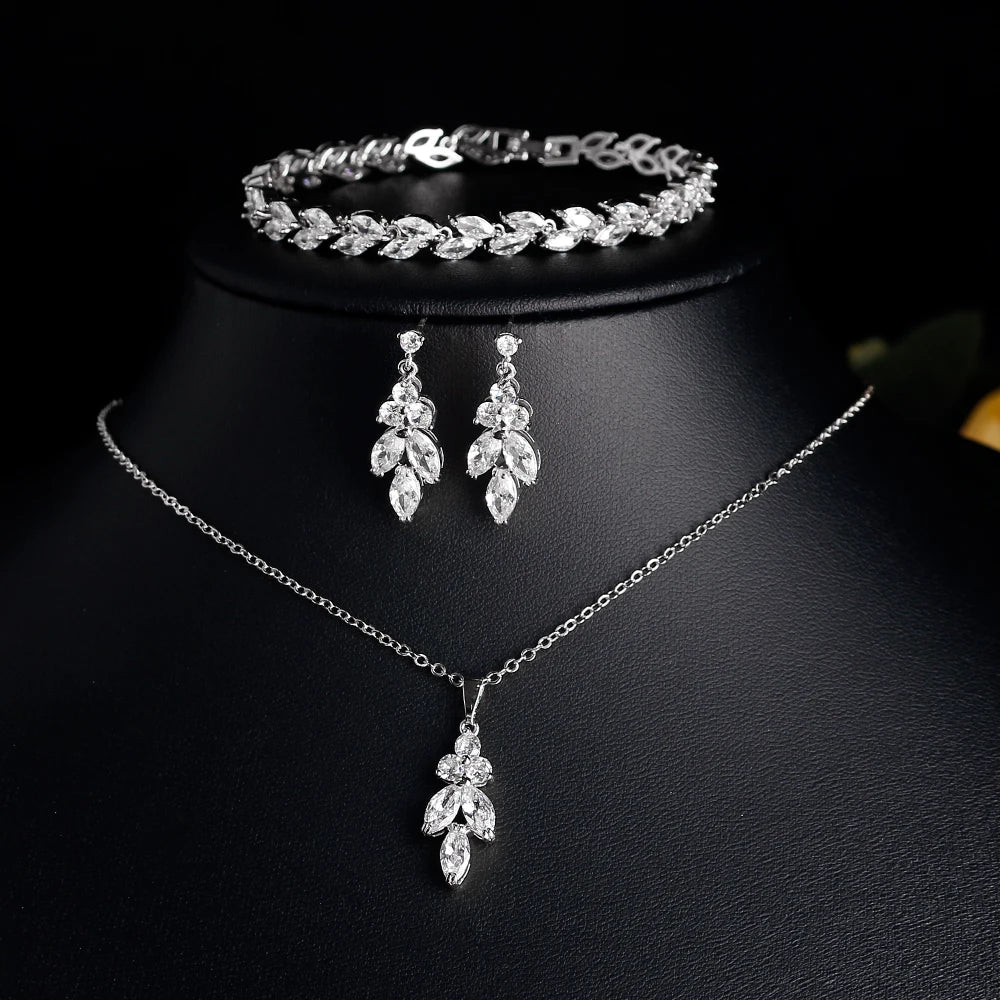 ZAKOL Luxury Brilliant Zirconia Leaf Necklace Earrings Rings Bracelets Set for Women CZ Drop Bridal Wedding Jewelry Sets