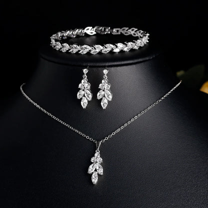ZAKOL Luxury Brilliant Zirconia Leaf Necklace Earrings Rings Bracelets Set for Women CZ Drop Bridal Wedding Jewelry Sets
