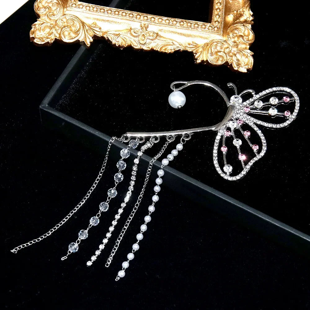 Fashion Crystal Butterfly Clip Earring for Women Pearl Bead Ear Cuff Long Tassels Charm Hollow Earrings Clip Xmas Jewelry Gifts