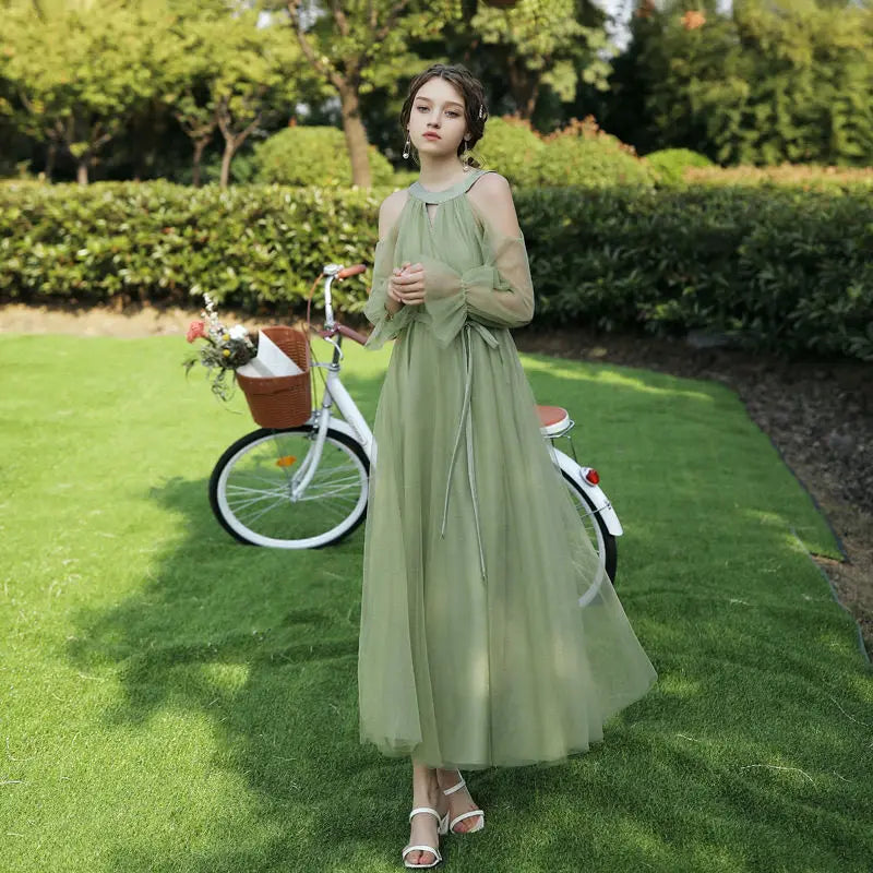 Elegant Green Tulle Bridesmaid Dress Women's Off Shoulder A-Line Evening Gowns Elegant Wedding Party Guest Long Dresses
