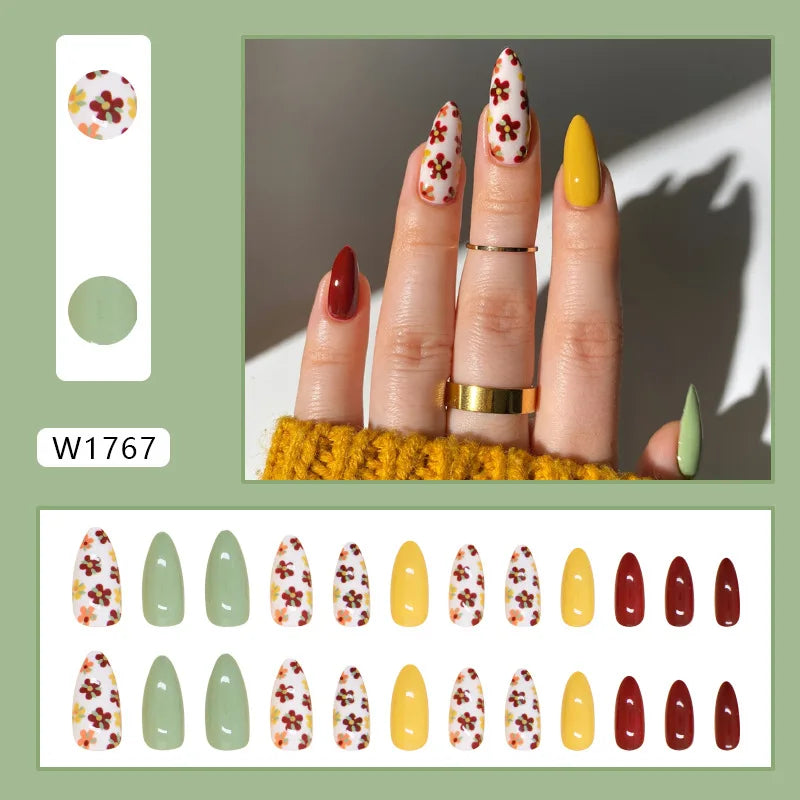 Caramel Flower 24 Pcs Press on Nails Pink Gradient Fake Nails Glossy Artificial Finger Manicure Reusable False Nails for Women