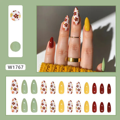 Caramel Flower 24 Pcs Press on Nails Pink Gradient Fake Nails Glossy Artificial Finger Manicure Reusable False Nails for Women