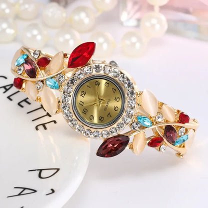 Vintage Women Quartz Watches Luxury Alloy Bangle Bracelet Watch Fashion Rhinestone Flower Ladies Watch Female Clock Reloj Mujer
