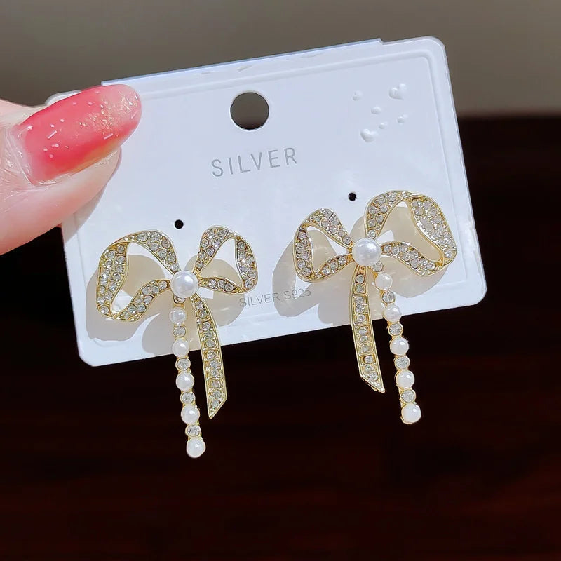 1Pair Korean Style Long Imitation Pearl Tassel Dangle Earrings For Women Trendy Full Crystal Fringe Drop Earring Vintage Jewelry