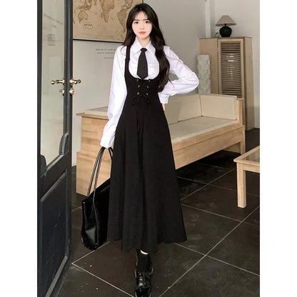 Japanese Style Preppy Fit Waist-Conscious Slimming Crossbody Dress Women's Loose Medium-Length Tank Dress Versatile Korean Versi