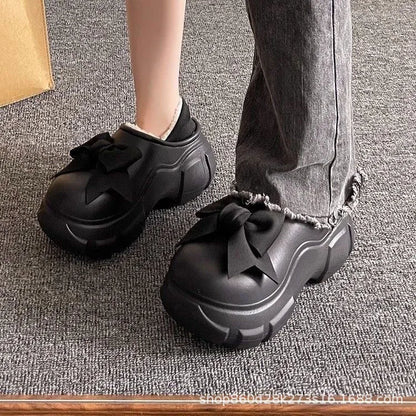 Women's Fairy Tale Style Thick Bottom Cotton Slippers Winter Waterproof Outdoor Cute Butterfly Knot Heel Fleece Lined Anti-sl...