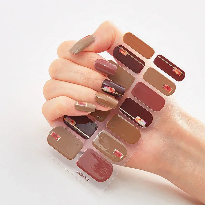 Semi Cured Gel Nail Sticker Pure Color UV LED Lamp Covered Waterproof Full Adhesive Long Self Nail Decals Manicure Lasting