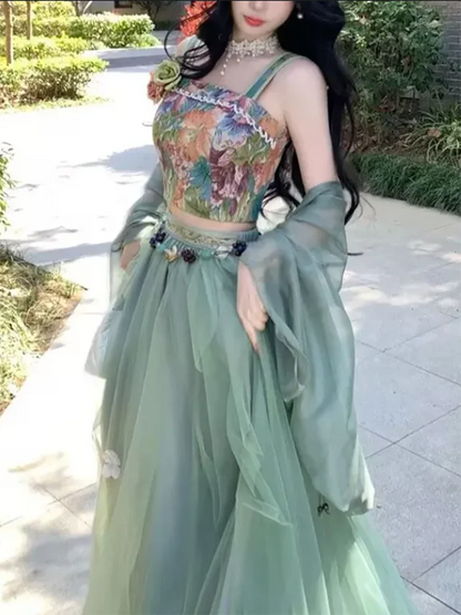 Vintage Strap Floral Vest Two-Piece Women's Improved Hanfu 2026 New Summer Suit Fashion Chic Y2K Sliming Sweet Suits Skirt