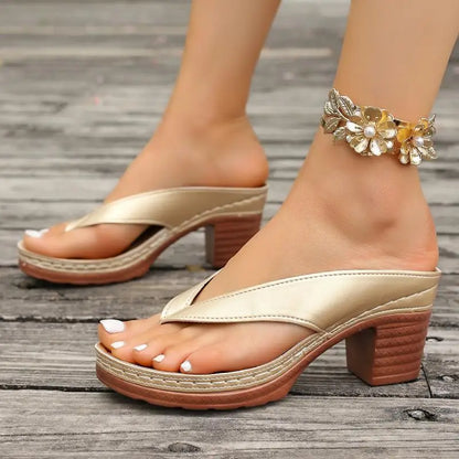 Casual Silver Pu Strap Flip Flops Women Vintage Round Toe High Heels Slip On Sandals Women 2025 Summer Elegant Shoes for Ladies