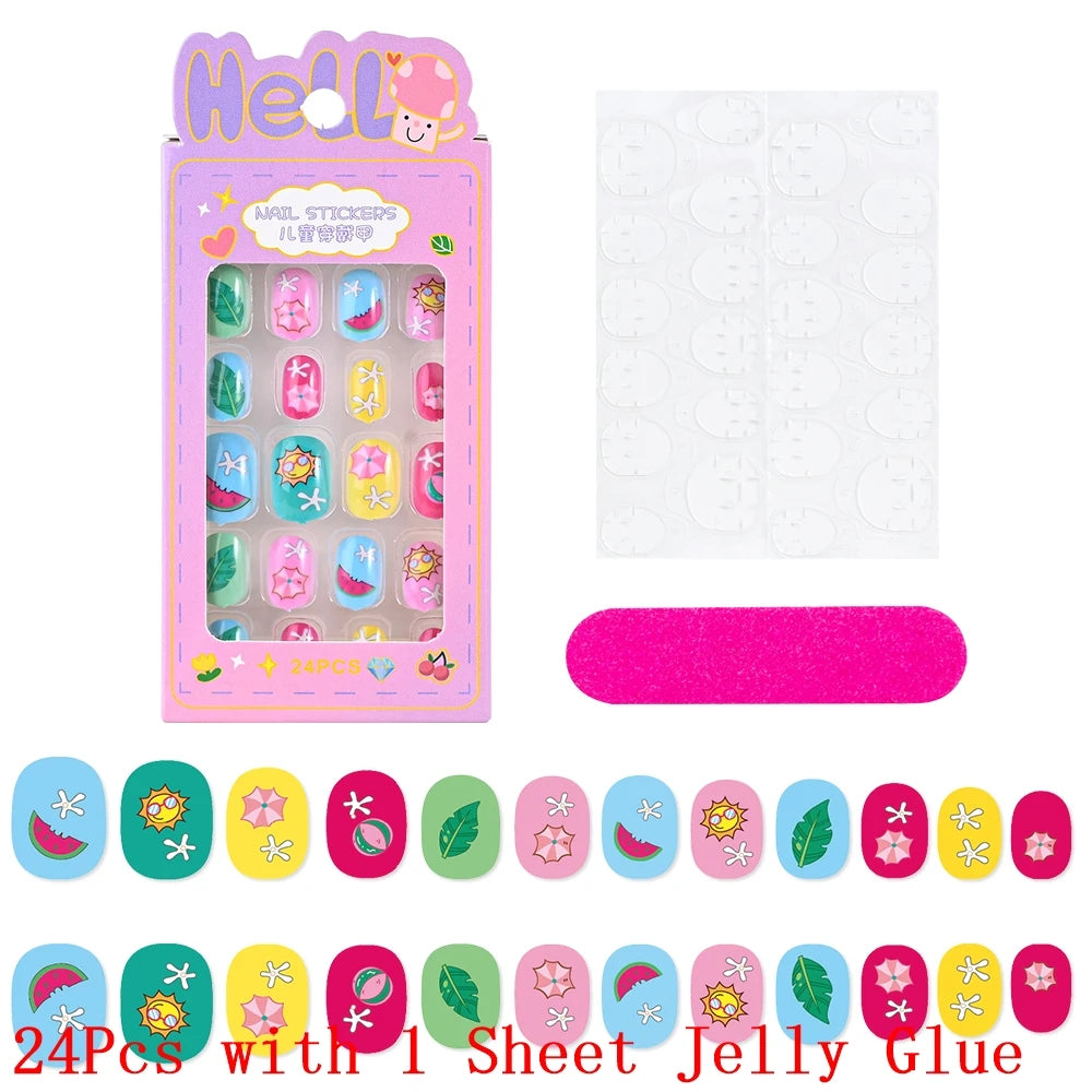 12pcs Cute Kids Dress-Up Fake Nail Girls Press on Nails Princess Pretend Play Toy Nail Tips Self-adhesive Children False Nails *