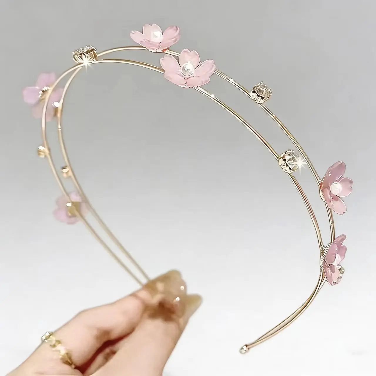 New Double Layer Metal Hairband Flower Pearl Headband for Women Headwear Shiny Rhinestone Hair Band Hoop Hair Accessories