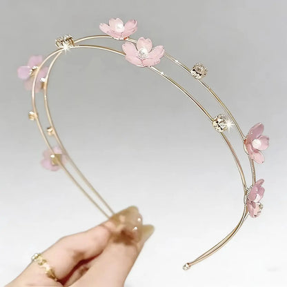 New Double Layer Metal Hairband Flower Pearl Headband for Women Headwear Shiny Rhinestone Hair Band Hoop Hair Accessories
