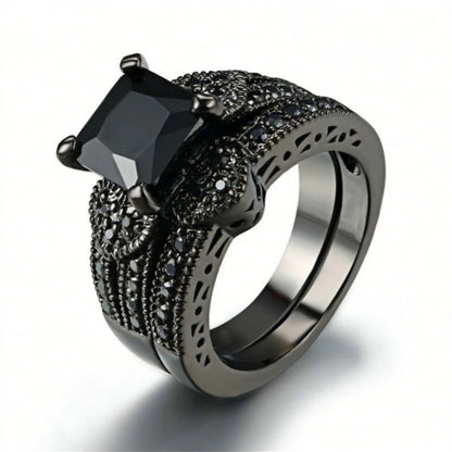 Gorgeous Black Full Zircon Couple Ring Fashion Men's Stainless Steel Ring Elegant Women's Heart-shaped 2pcs Wedding Jewelry Gift