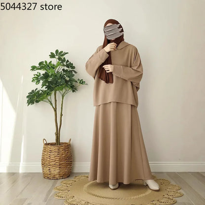 2pcs Knit Muslim Sets Womem Jilbab Casual Abaya Hooded Tops+Skirts Suits 2 Piece Hijab Set Kaftan 2026 Ramadan Eid Islam Clothes
