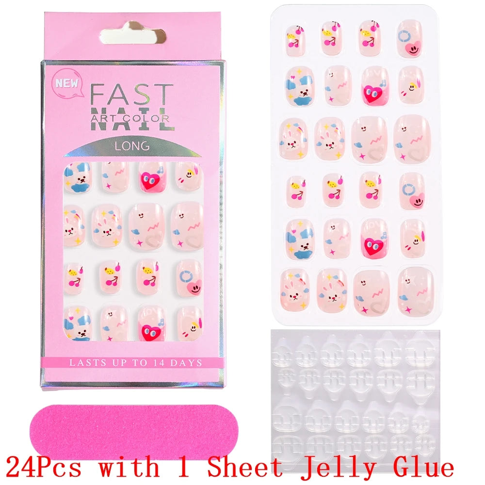 12pcs Cute Kids Dress-Up Fake Nail Girls Press on Nails Princess Pretend Play Toy Nail Tips Self-adhesive Children False Nails *
