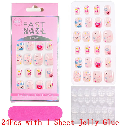 12pcs Cute Kids Dress-Up Fake Nail Girls Press on Nails Princess Pretend Play Toy Nail Tips Self-adhesive Children False Nails *