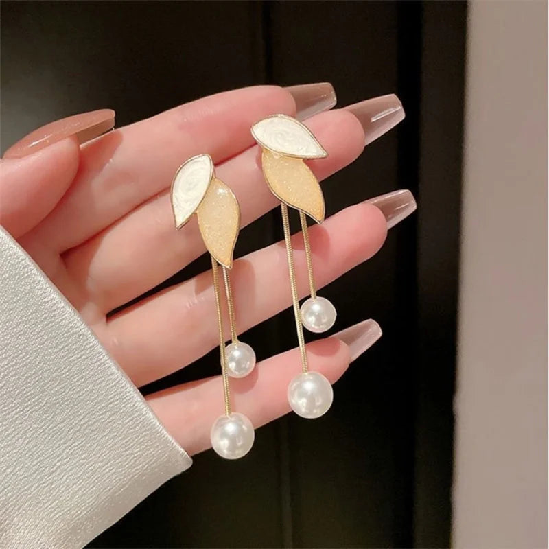 1Pair Korean Style Long Imitation Pearl Tassel Dangle Earrings For Women Trendy Full Crystal Fringe Drop Earring Vintage Jewelry
