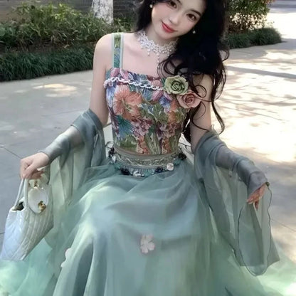 Vintage Strap Floral Vest Two-Piece Women's Improved Hanfu 2026 New Summer Suit Fashion Chic Y2K Sliming Sweet Suits Skirt