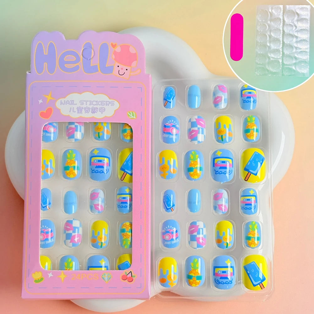 24PC/Box Children's Press On Nails With Jelly Glue Girl's Colorful Cartoon Full Cover Bear Bunny Cat Pattern Fake Nail FalseNail
