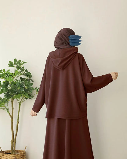 2pcs Knit Muslim Sets Womem Jilbab Casual Abaya Hooded Tops+Skirts Suits 2 Piece Hijab Set Kaftan 2026 Ramadan Eid Islam Clothes